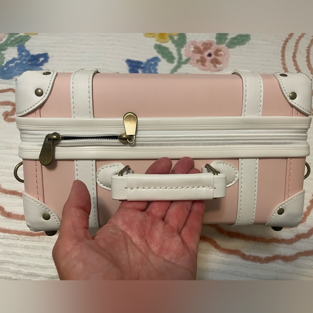 Pink and White Vintage-Style Petite Suitcase Shoulder Bag Makeup Bag 12”x 10” - Picture 6 of 14